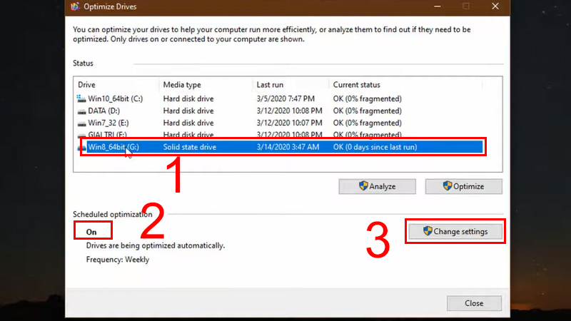 Scheduled optimization đ&atilde; mở v&agrave; nhấn Change settings